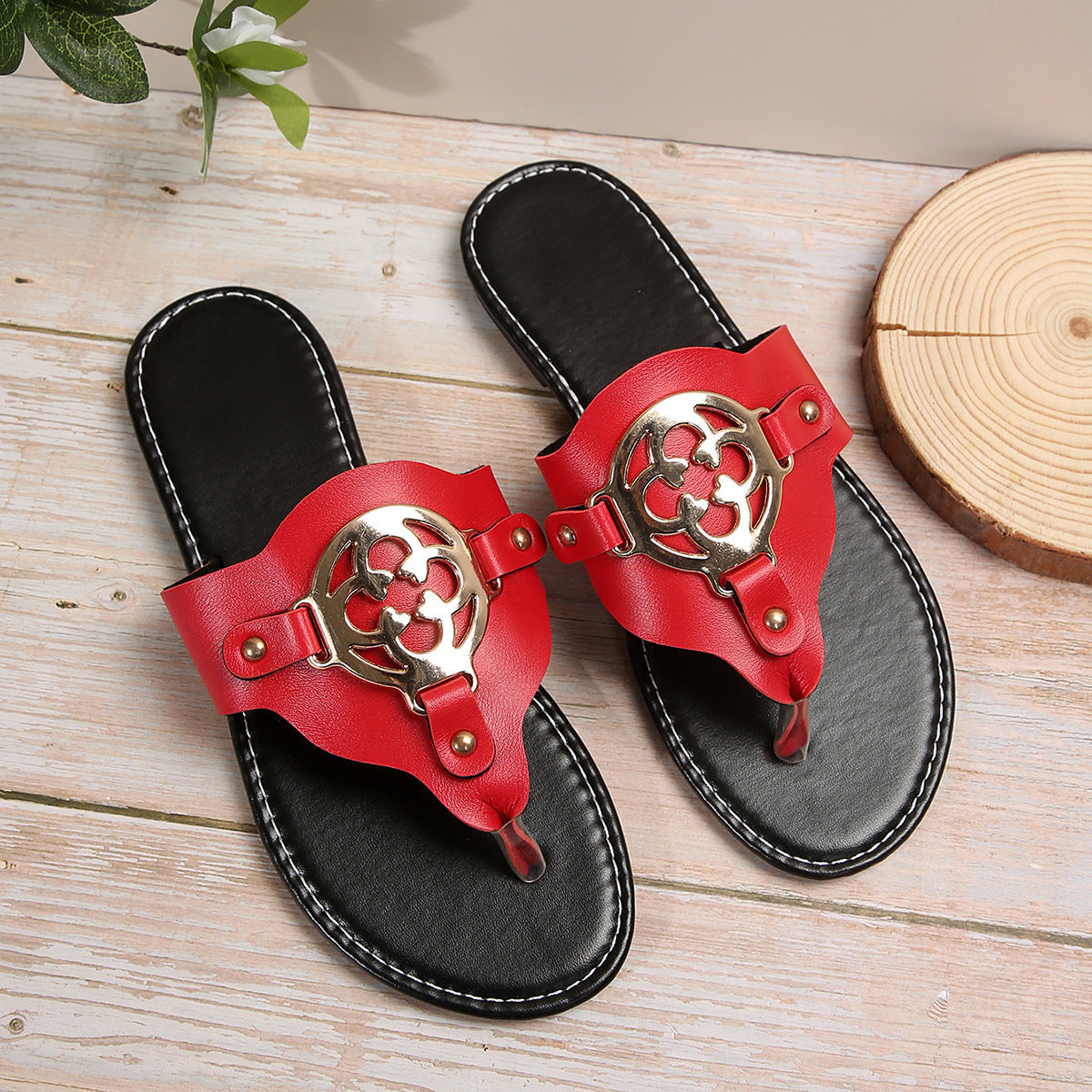 Metal Buckle Open Toe Slip-On Flat Sandals for Beach
