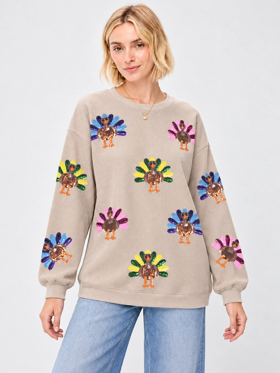 Sequin Turkey Graphic Ribbed Sweatshirt