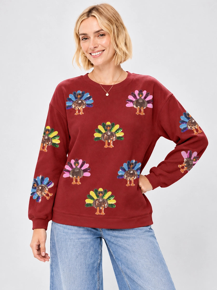 Sequin Turkey Graphic Ribbed Sweatshirt