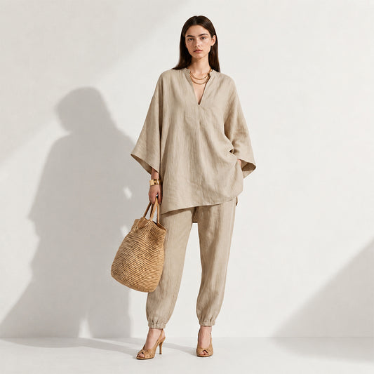 Women's Loose Cotton Linen Set, Asymmetric Hem & Minimalist Style