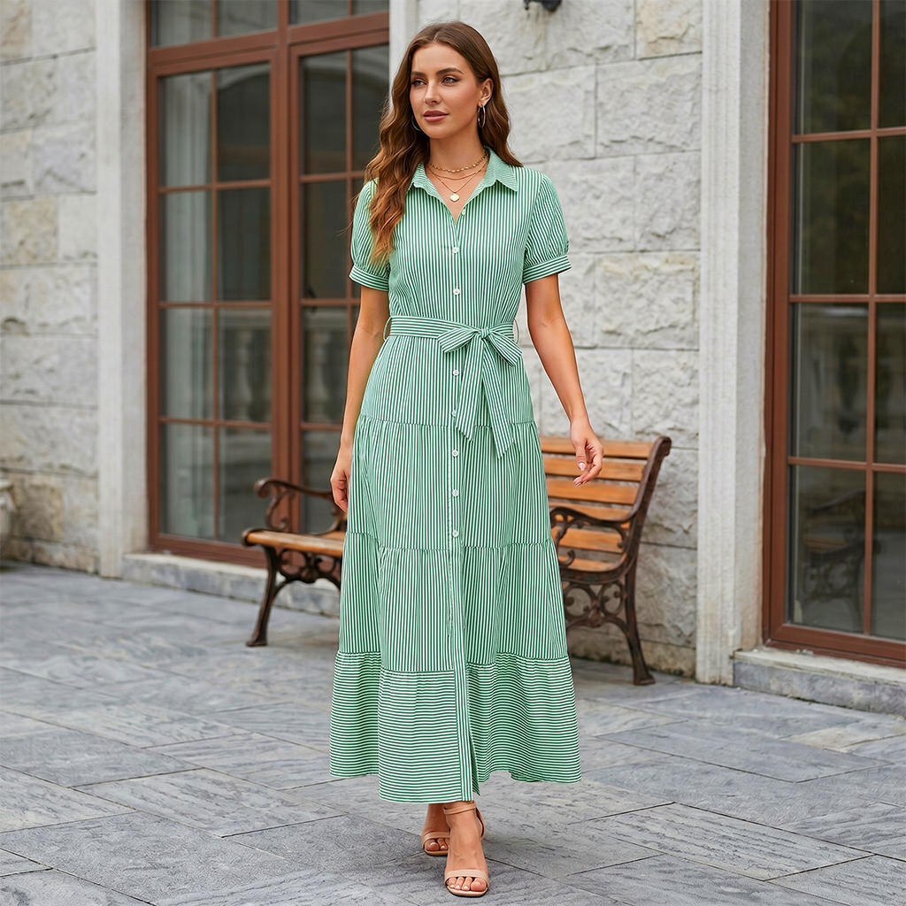 Striped Tie Waist Ruffle Maxi Shirt Dress