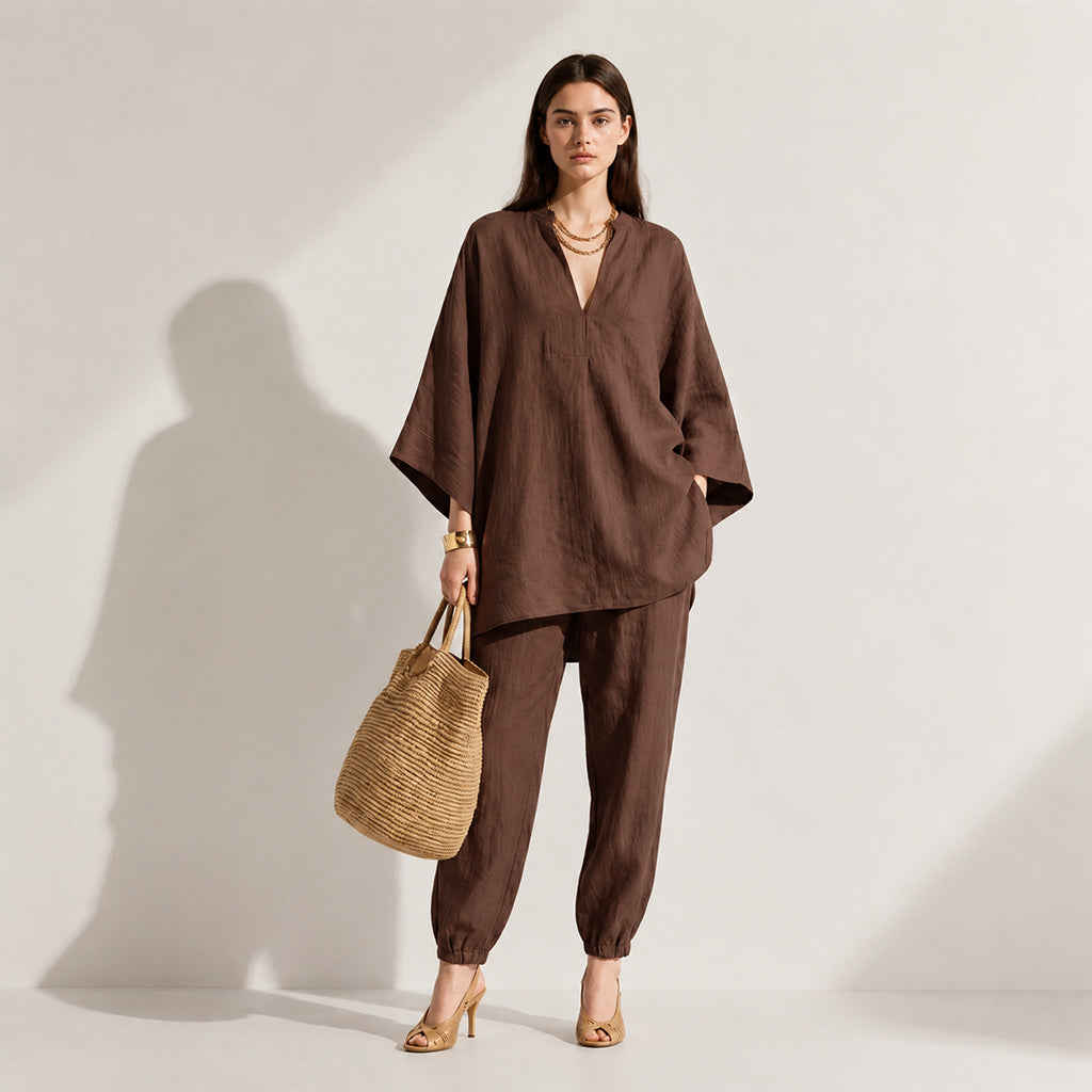 Women's Loose Cotton Linen Set, Asymmetric Hem & Minimalist Style