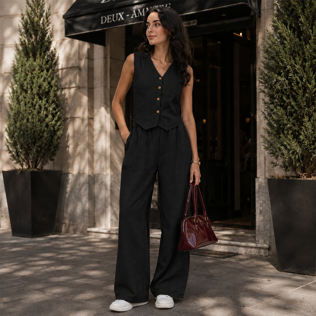 Women Summer V-Neck Front Clasp Tank & Long Pants Casual Work Suit