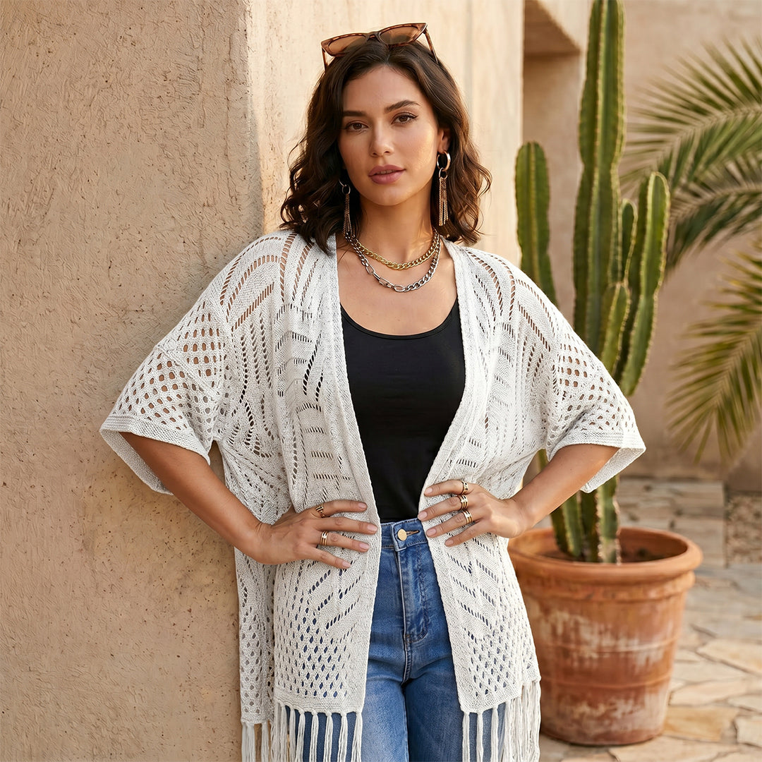 Fishnet Hollow Knit Fringe Cardigan
