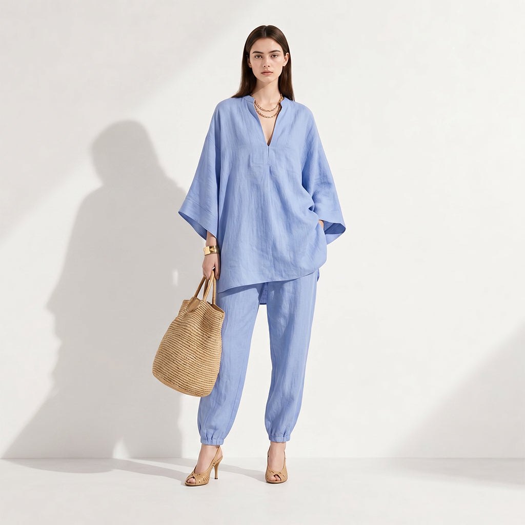 Women's Loose Cotton Linen Set, Asymmetric Hem & Minimalist Style