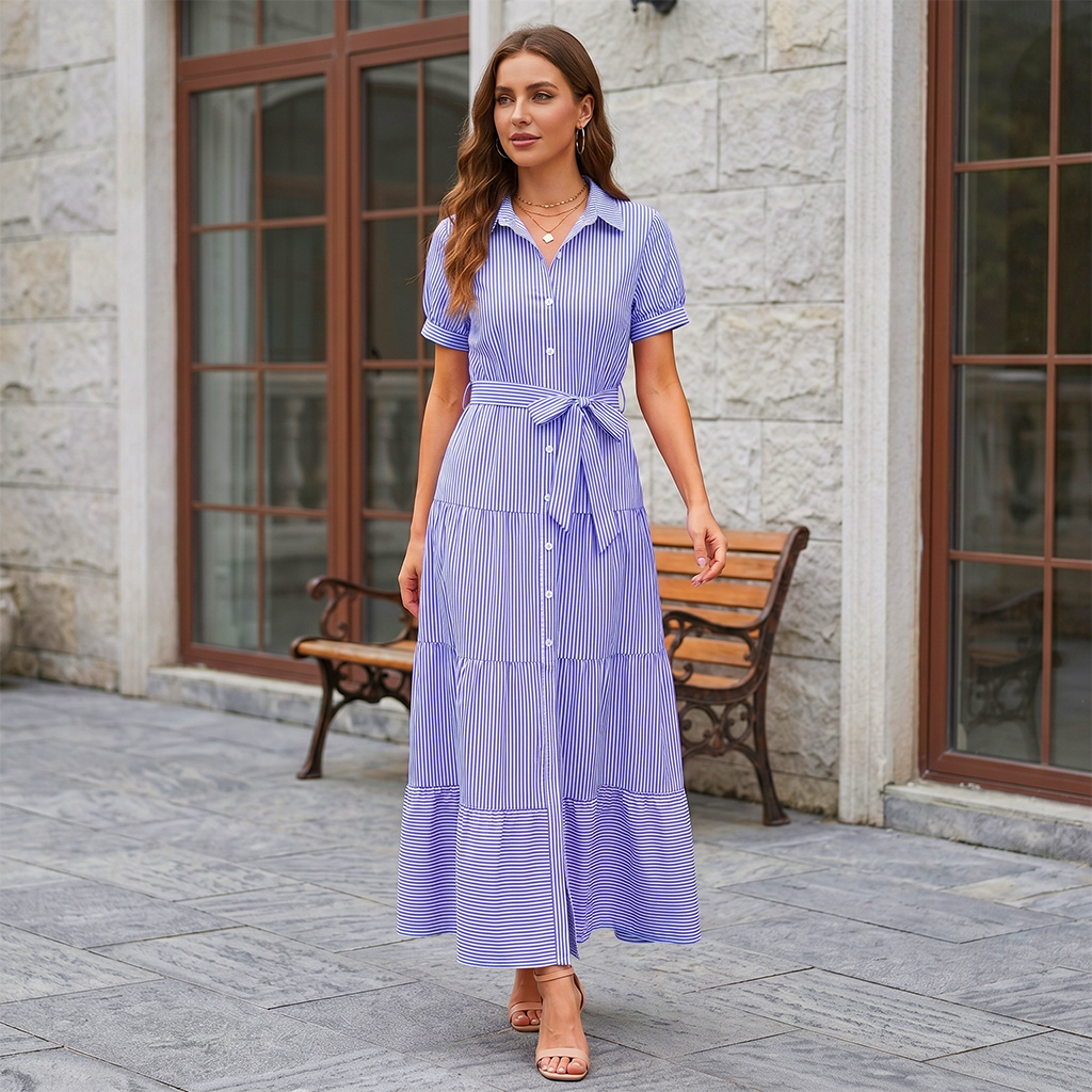 Striped Tie Waist Ruffle Maxi Shirt Dress