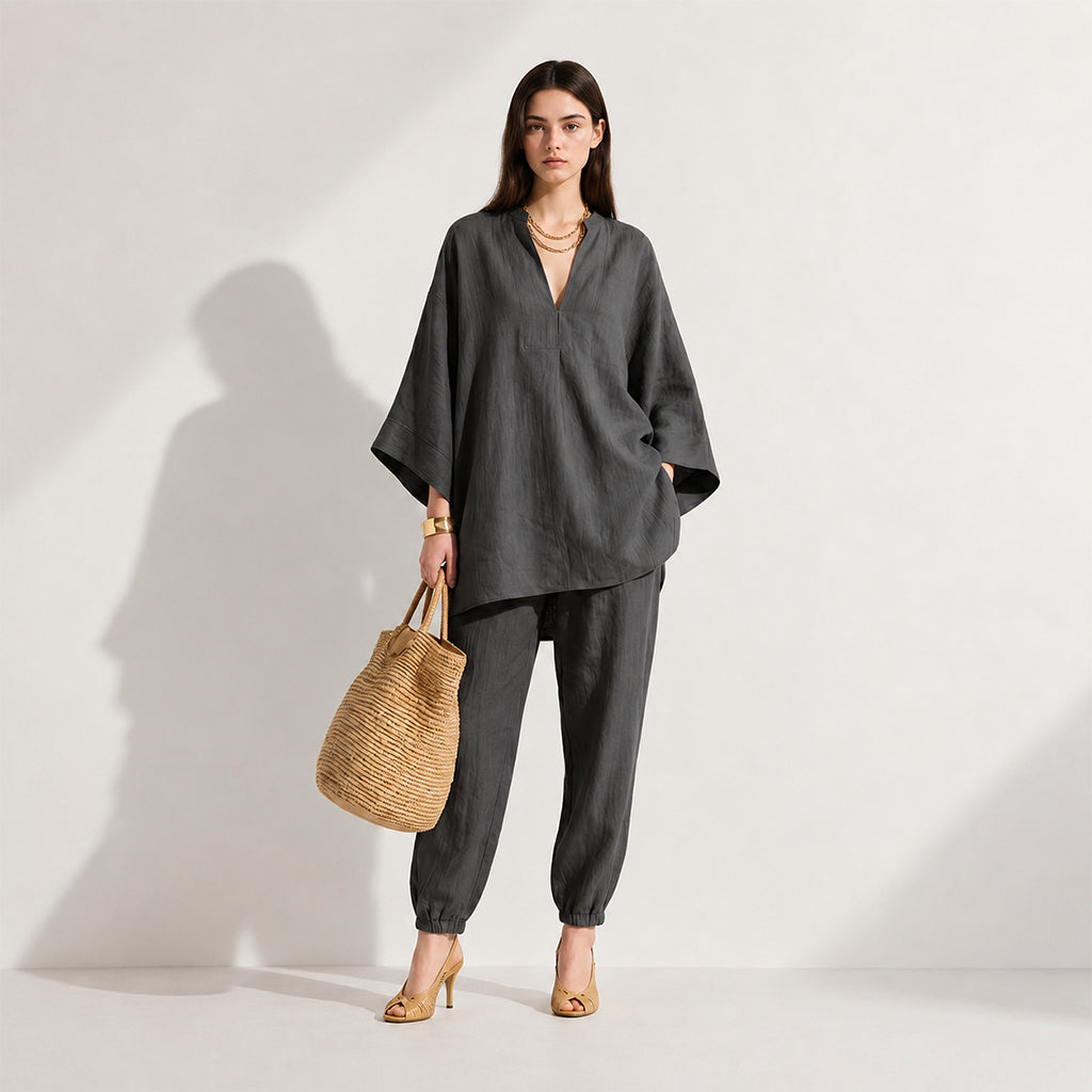 Women's Loose Cotton Linen Set, Asymmetric Hem & Minimalist Style
