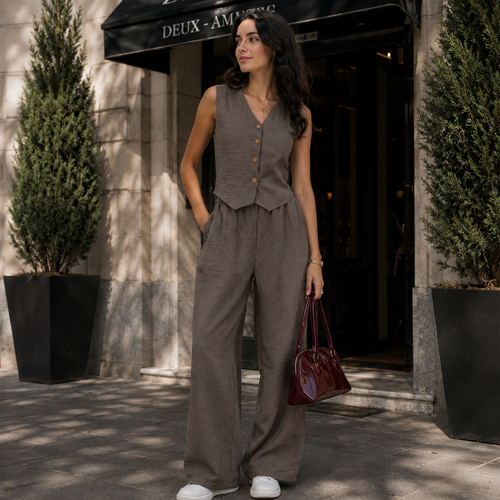 Women Summer V-Neck Front Clasp Tank & Long Pants Casual Work Suit