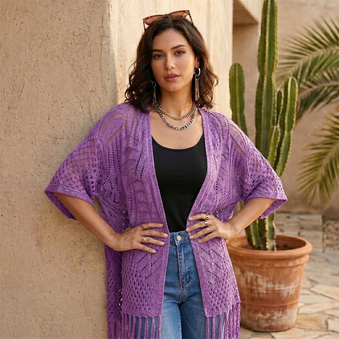 Fishnet Hollow Knit Fringe Cardigan