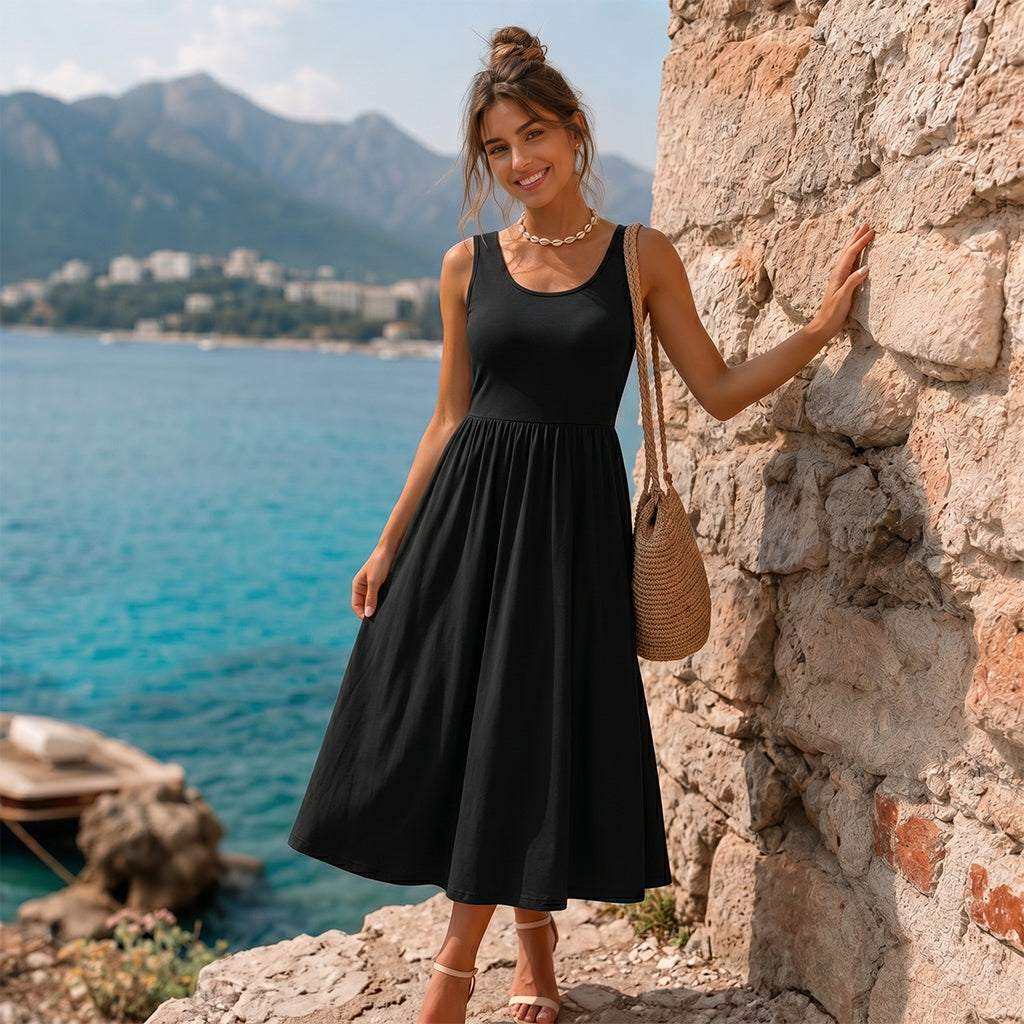 Print Waist Flowy Midi Dress with Pockets