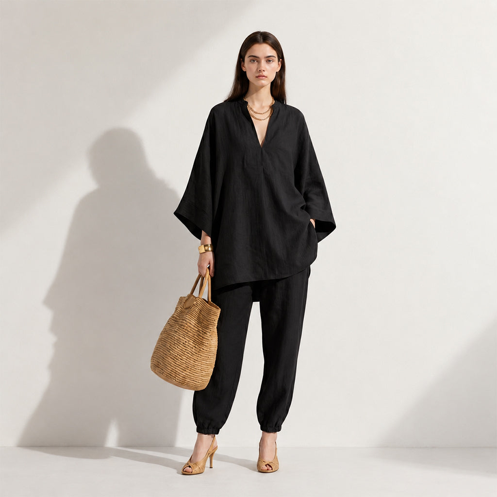 Women's Loose Cotton Linen Set, Asymmetric Hem & Minimalist Style