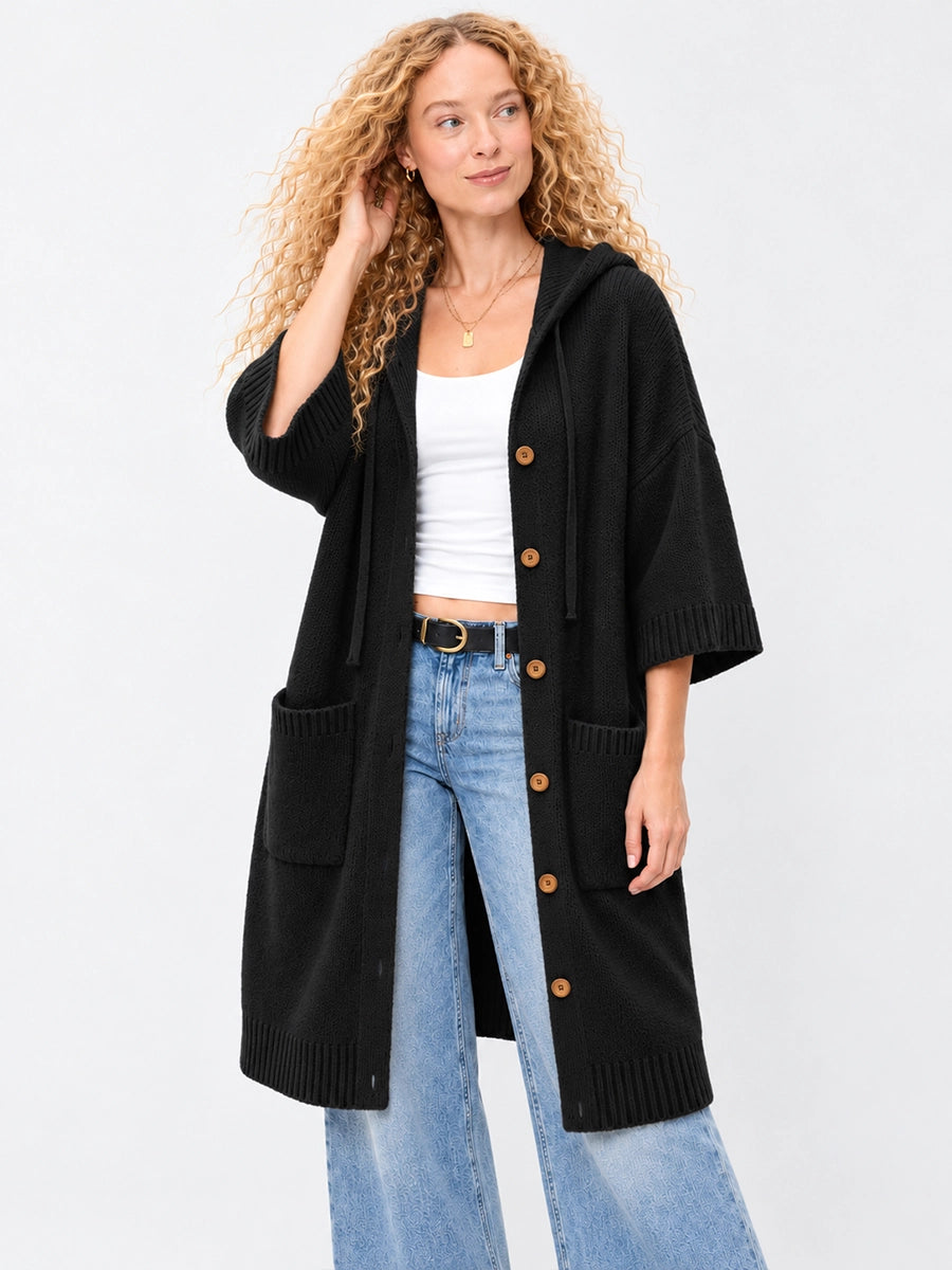 Long Hooded Button-Front Knit Cardigan with Pockets