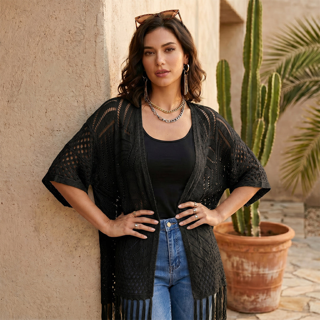 Fishnet Hollow Knit Fringe Cardigan