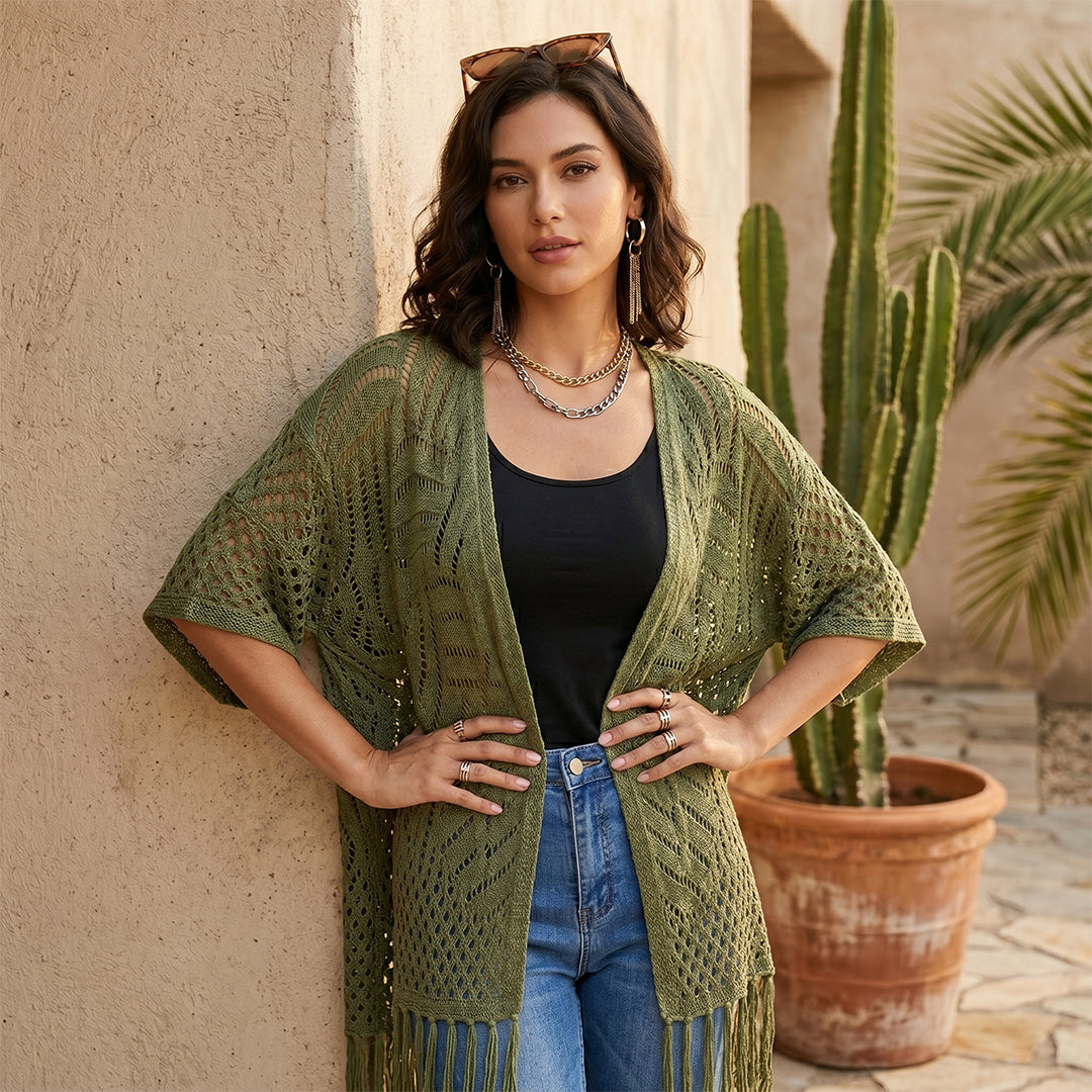 Fishnet Hollow Knit Fringe Cardigan