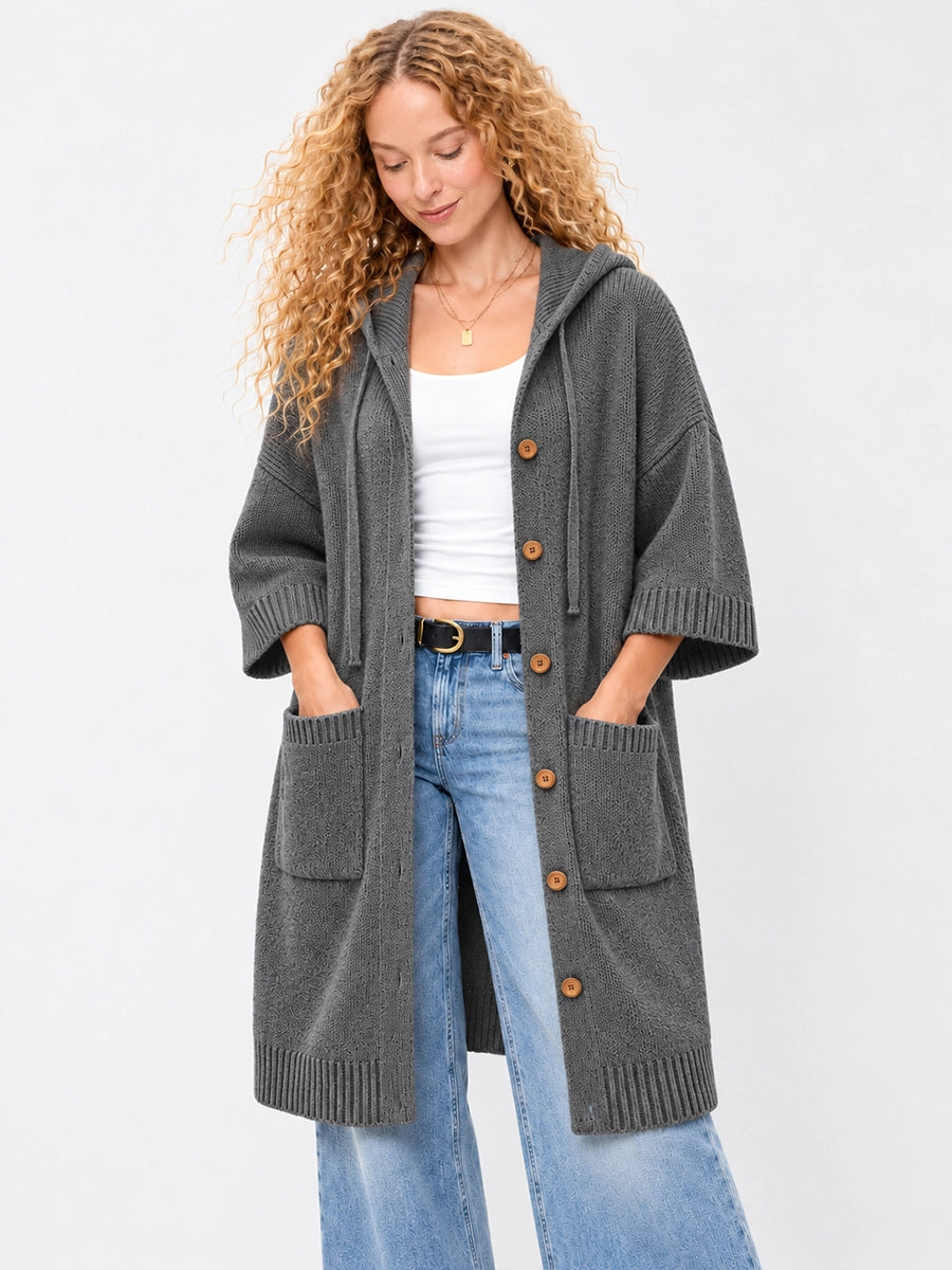 Long Hooded Button-Front Knit Cardigan with Pockets
