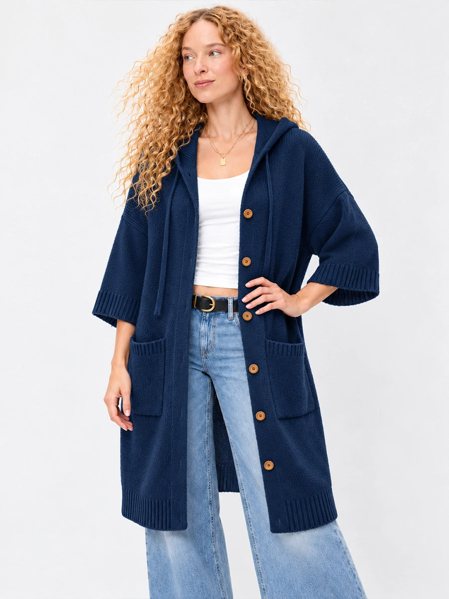 Long Hooded Button-Front Knit Cardigan with Pockets