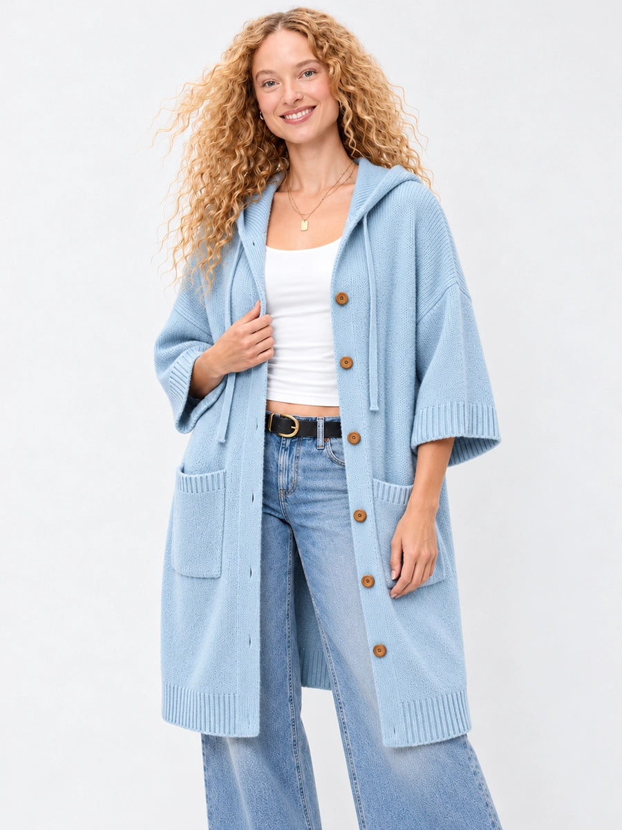 Long Hooded Button-Front Knit Cardigan with Pockets