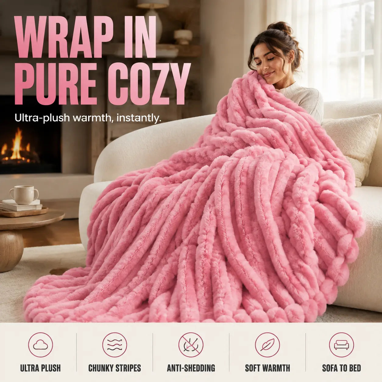 Chunky Striped Faux-Fur Throw Blanket