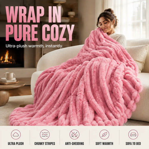 Chunky Striped Faux-Fur Throw Blanket