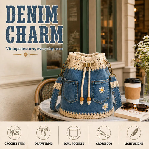 Denim Crochet Daisy Drawstring Bucket Bag