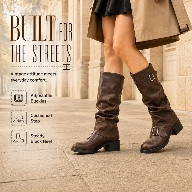 Women’s Round-Toe Buckle Knee-High Rider Boots