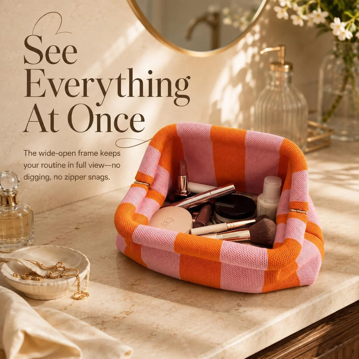 Wide-Opening Striped Knit Clutch for Makeup and Daily Essentials — view 3