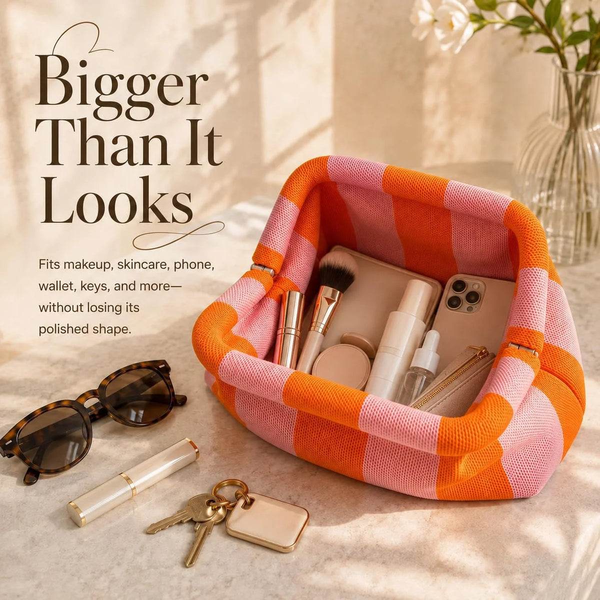 Wide-Opening Striped Knit Clutch for Makeup and Daily Essentials — view 4