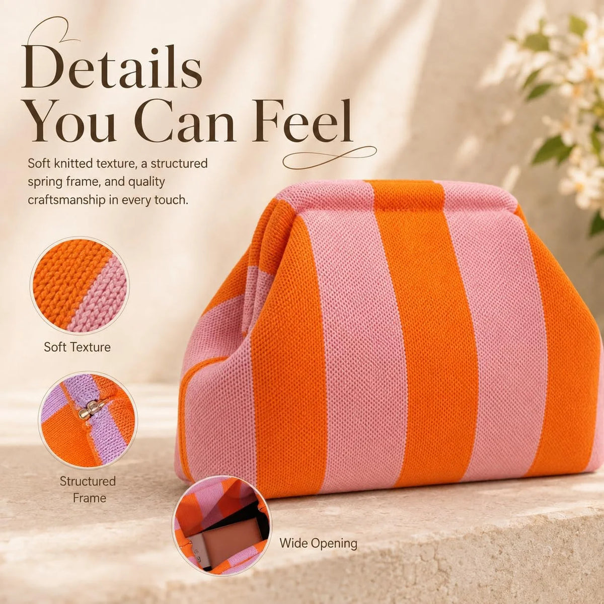 Wide-Opening Striped Knit Clutch for Makeup and Daily Essentials — view 7