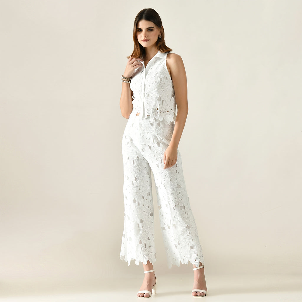 Hollow V-Neck Off Shoulder Embroidered Two Piece Set