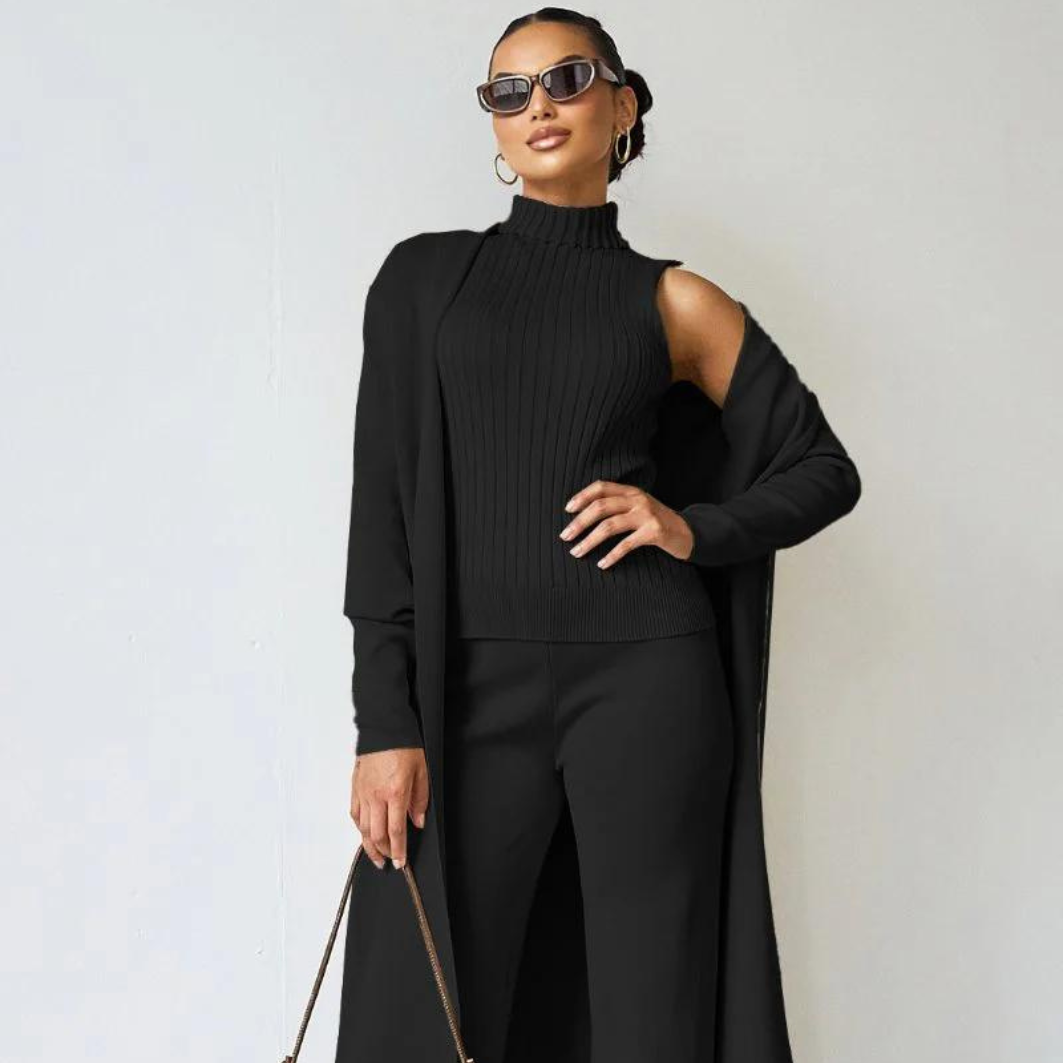 Women’s 3-Piece Knit Lounge Set – Cardigan, Tank & Wide Leg Pants