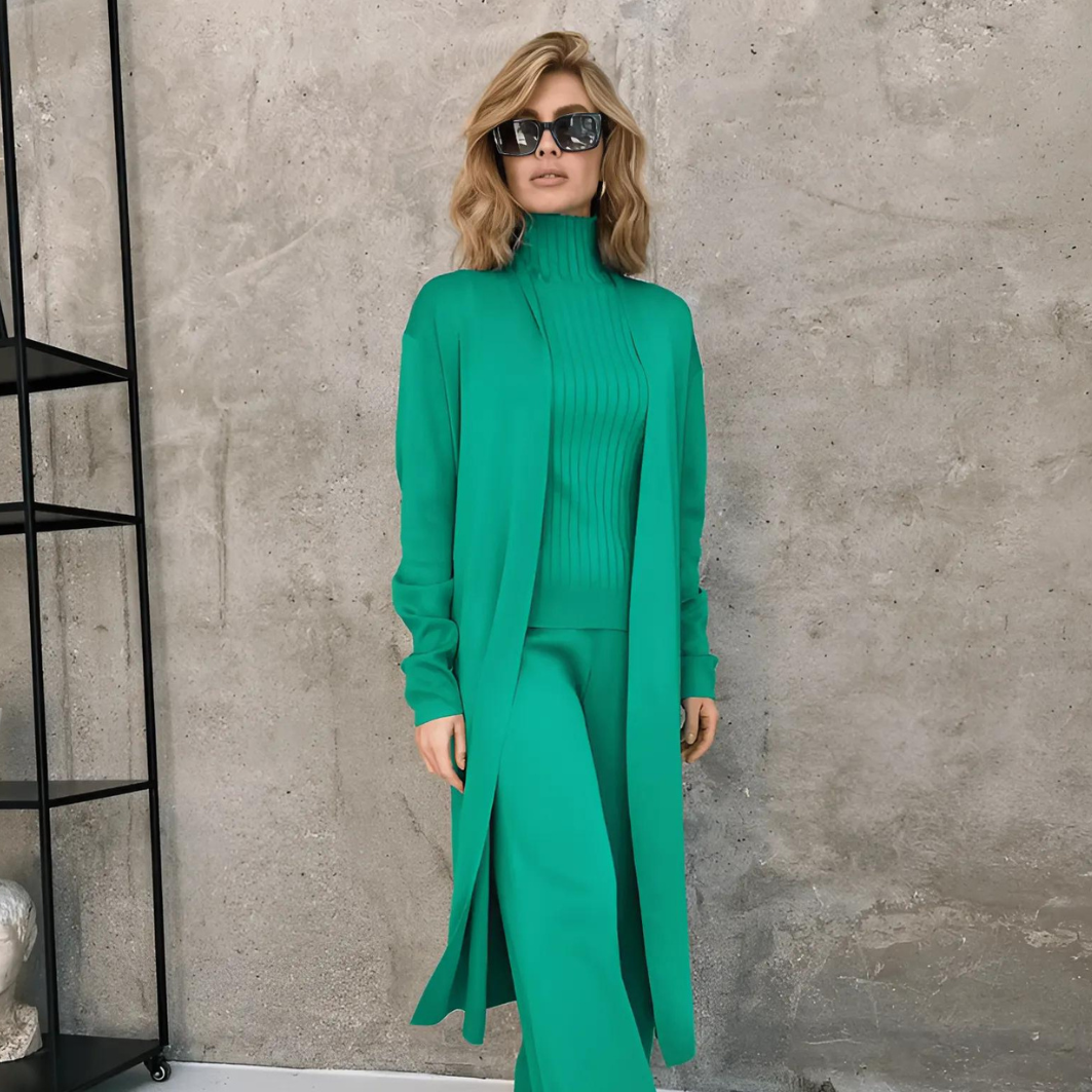 Women’s 3-Piece Knit Lounge Set – Cardigan, Tank & Wide Leg Pants