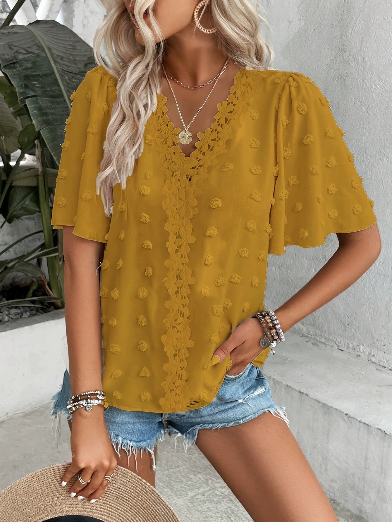 🔥 Elegant Swiss Dot Lace Butterfly Sleeve Shirt