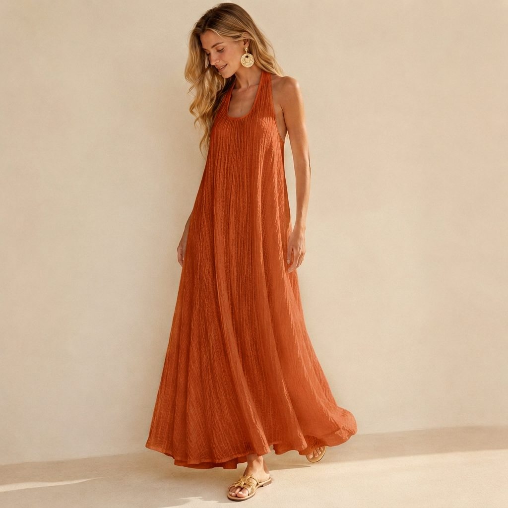 Slouchy Ruched U-Neck Beach Vacation Maxi Dress