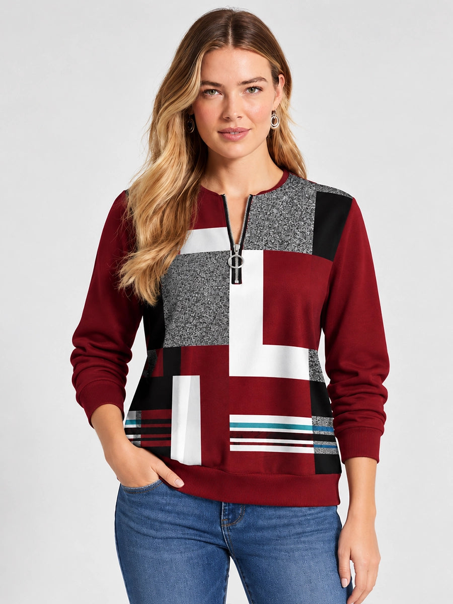 Color-Block Zip-Neck Knit Sweater for Casual Layering