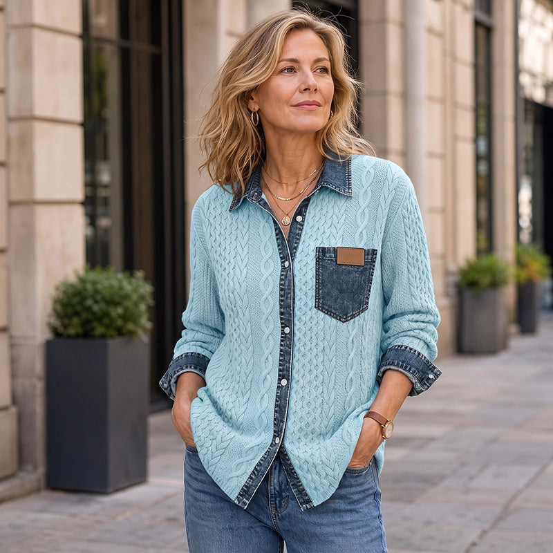 Women’s Denim Patchwork Knit Shirt Jacket