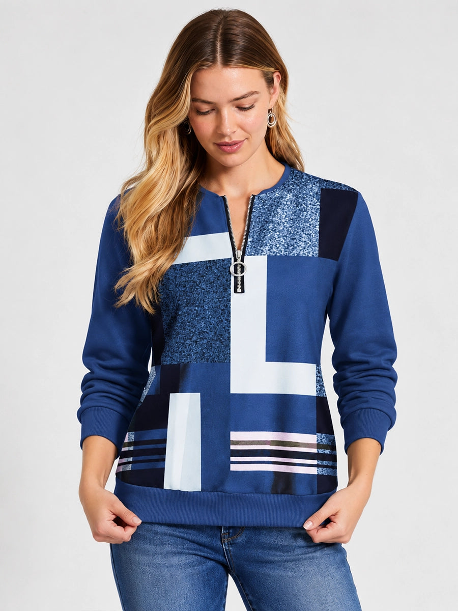 Color-Block Zip-Neck Knit Sweater for Casual Layering