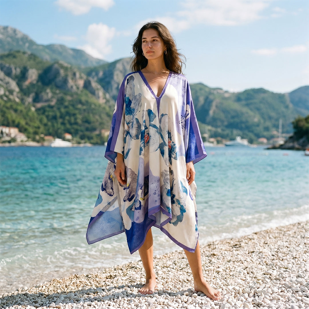 V-Neck Silk Printed Shawl