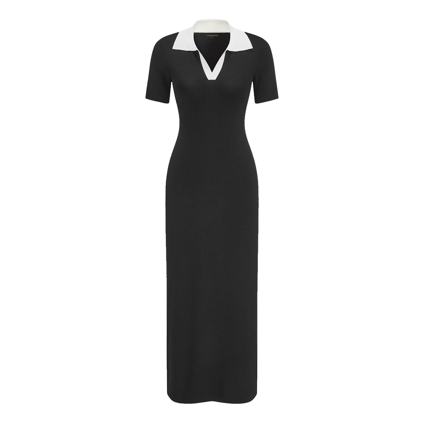Contrast Collar Short Sleeve Knit Maxi Dress