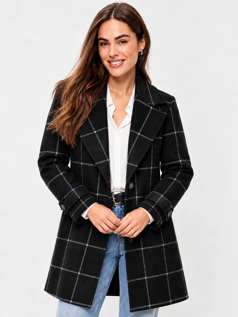 Women’s Plaid-Look Long Coat for Cool-Weather Outfits
