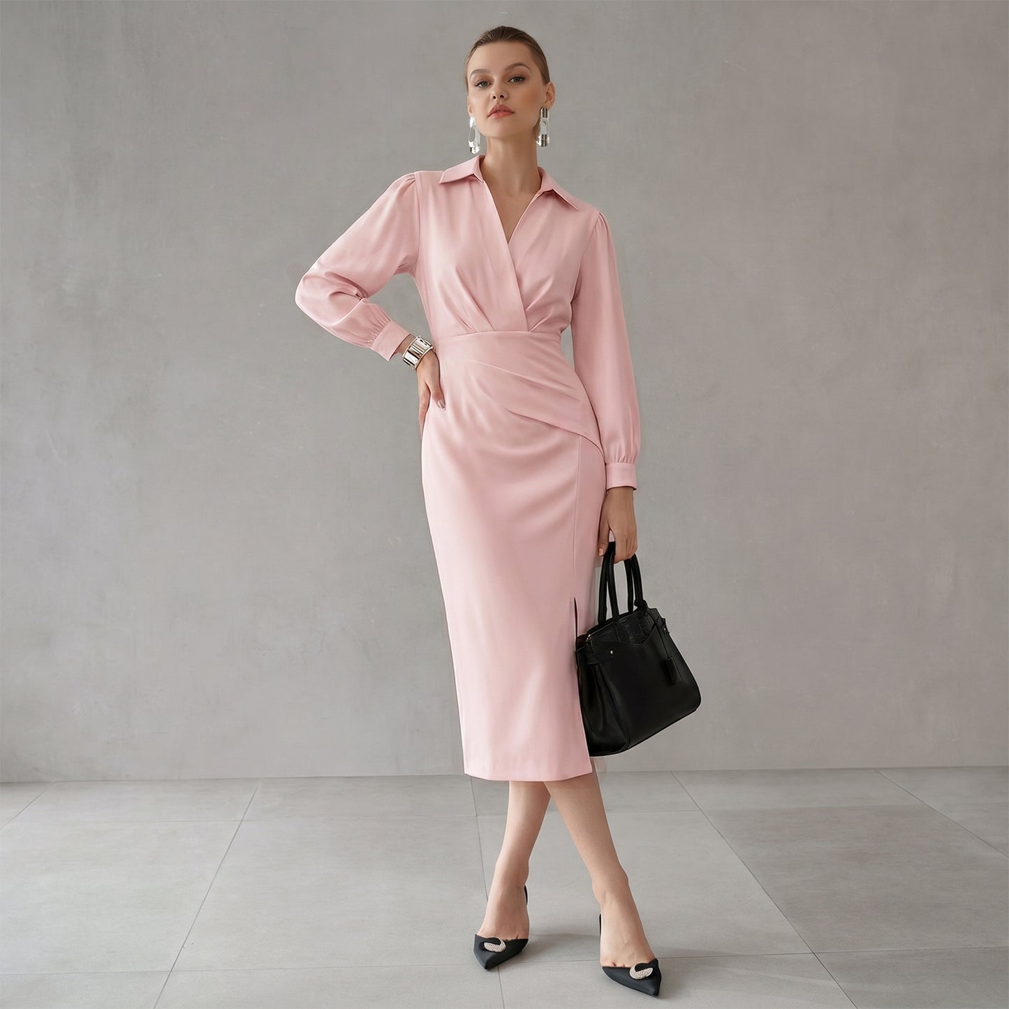 Ruched Midi Shirt Dress With Side Slit
