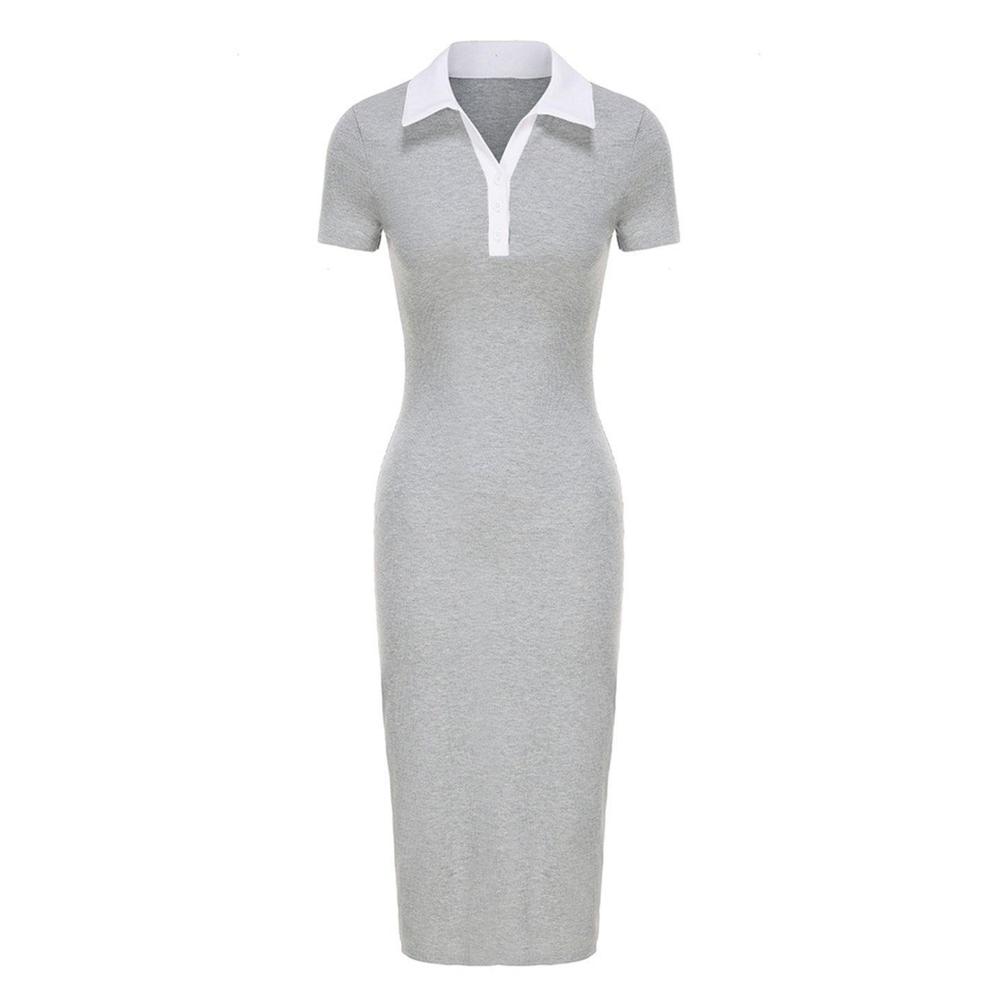 Contrast Collar Short Sleeve Knit Maxi Dress