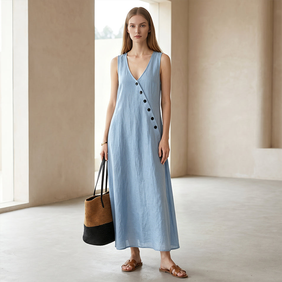Oblique Button Sleeveless Dress