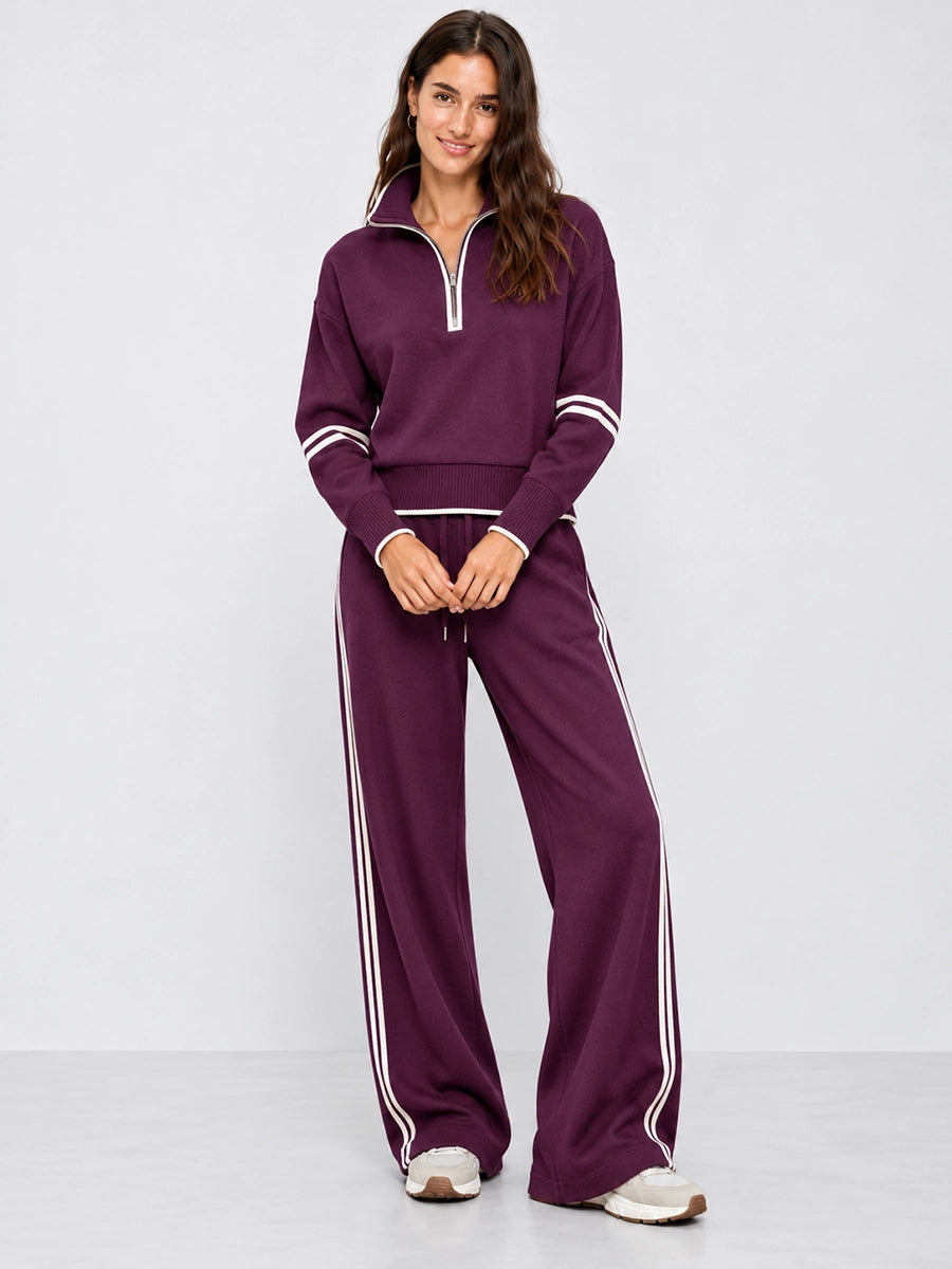 Women’s Stripe-Trim Knit Top and Wide-Leg Pants Set