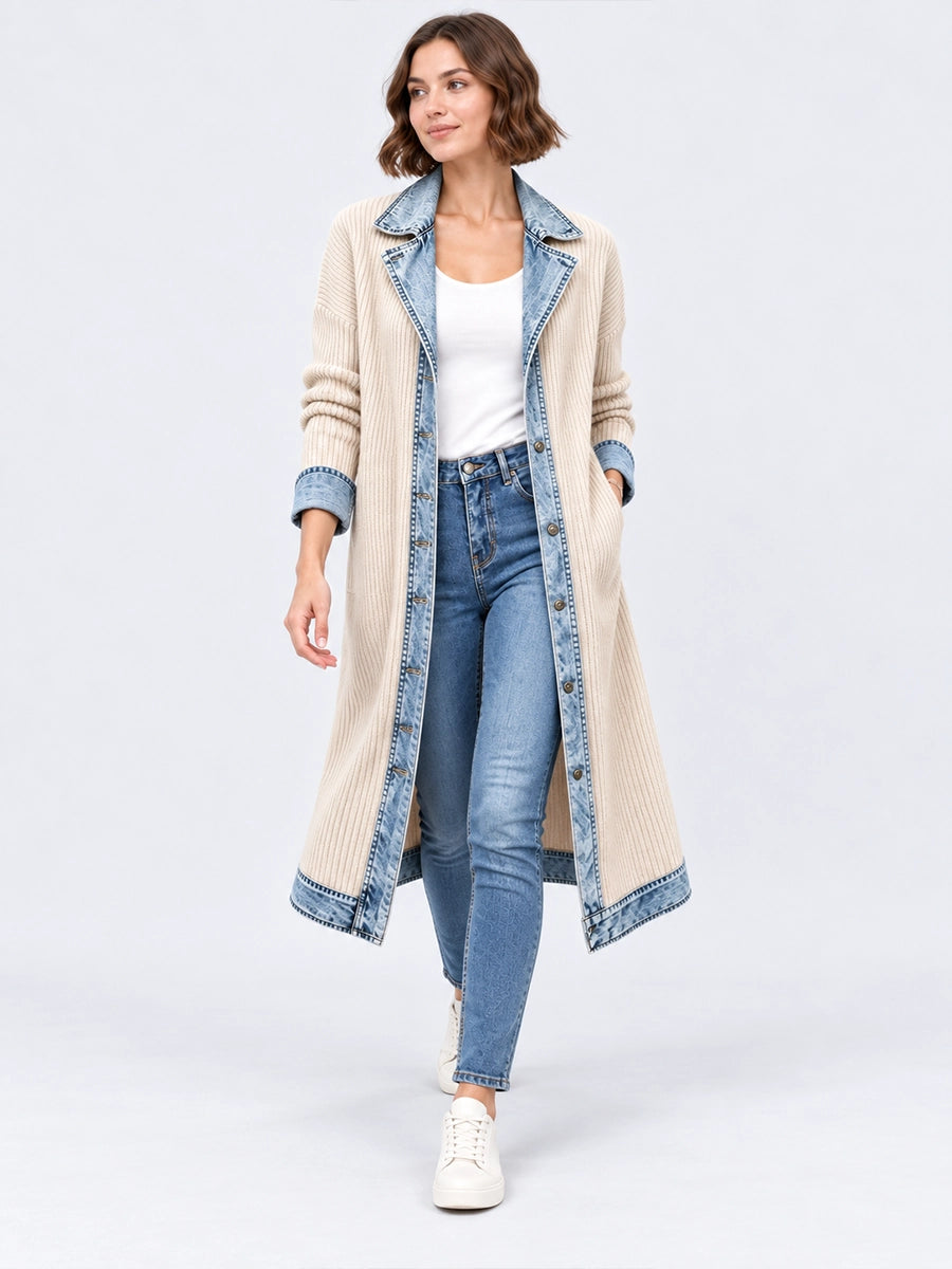 Long Knit Cardigan with Denim-Style Trim