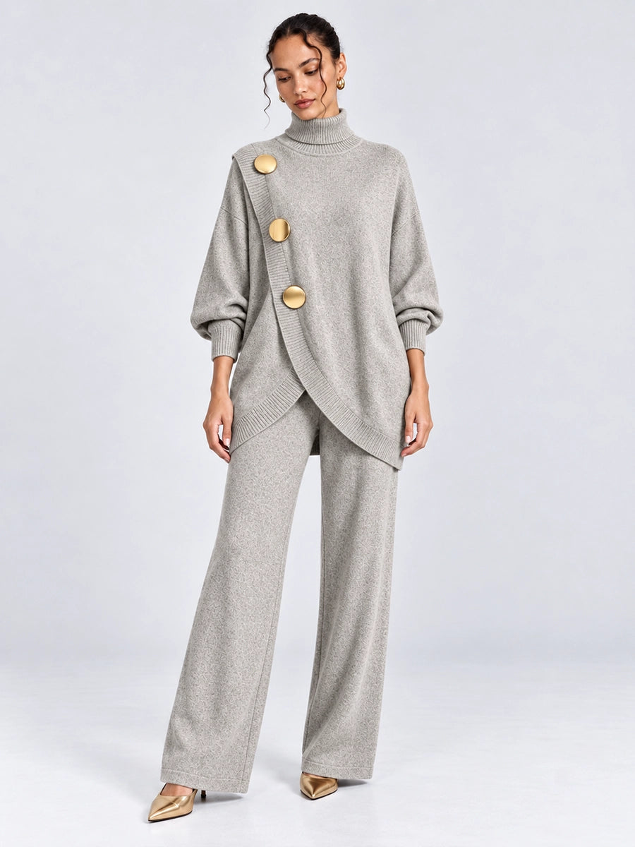 Women's Asymmetrical Button Knit Top and Pants Set