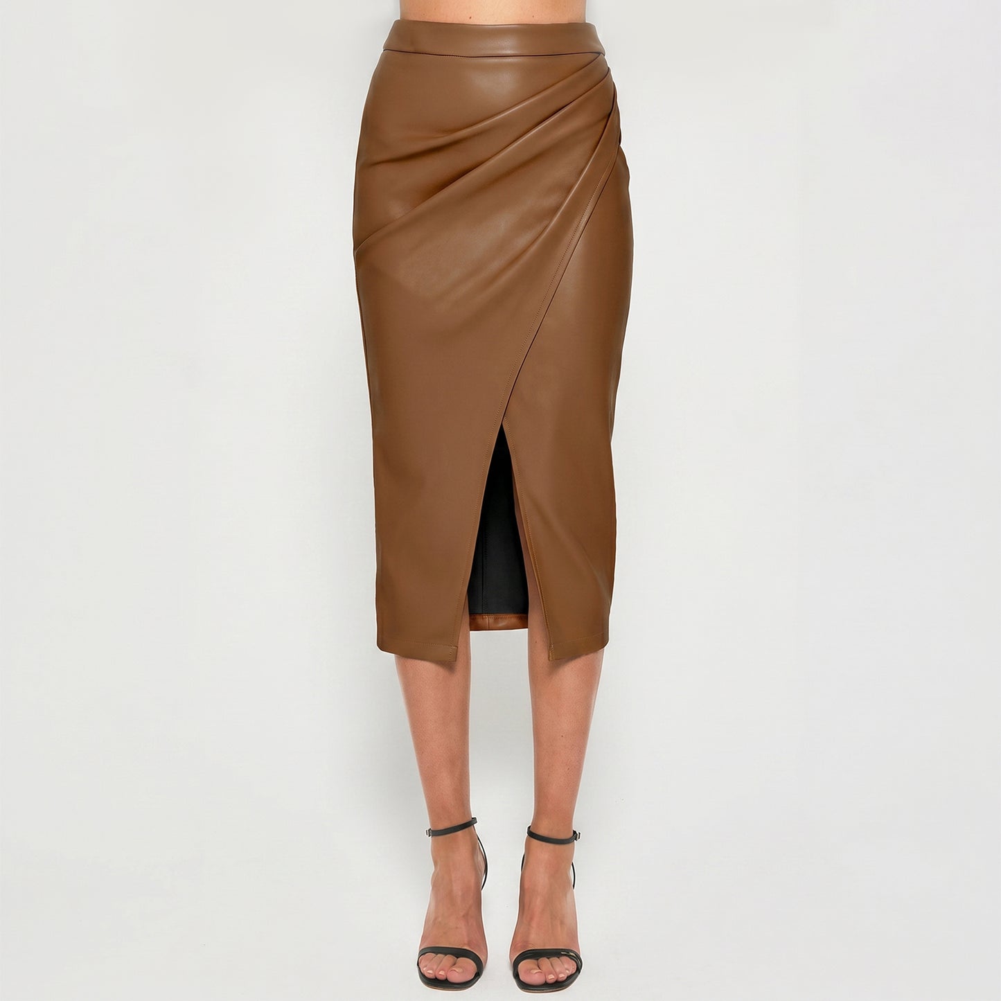 Pleated Split PU Leather Skirt