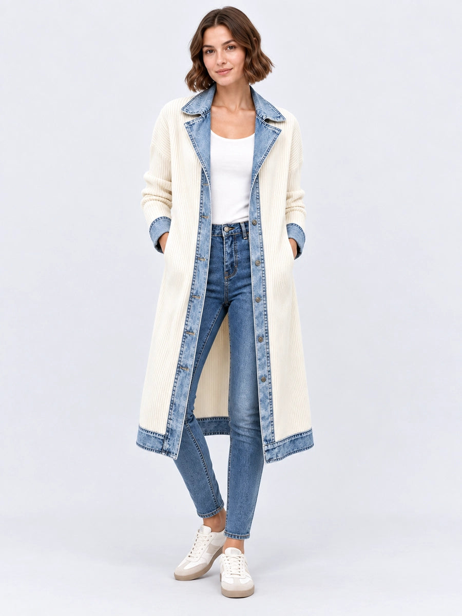 Long Knit Cardigan with Denim-Style Trim