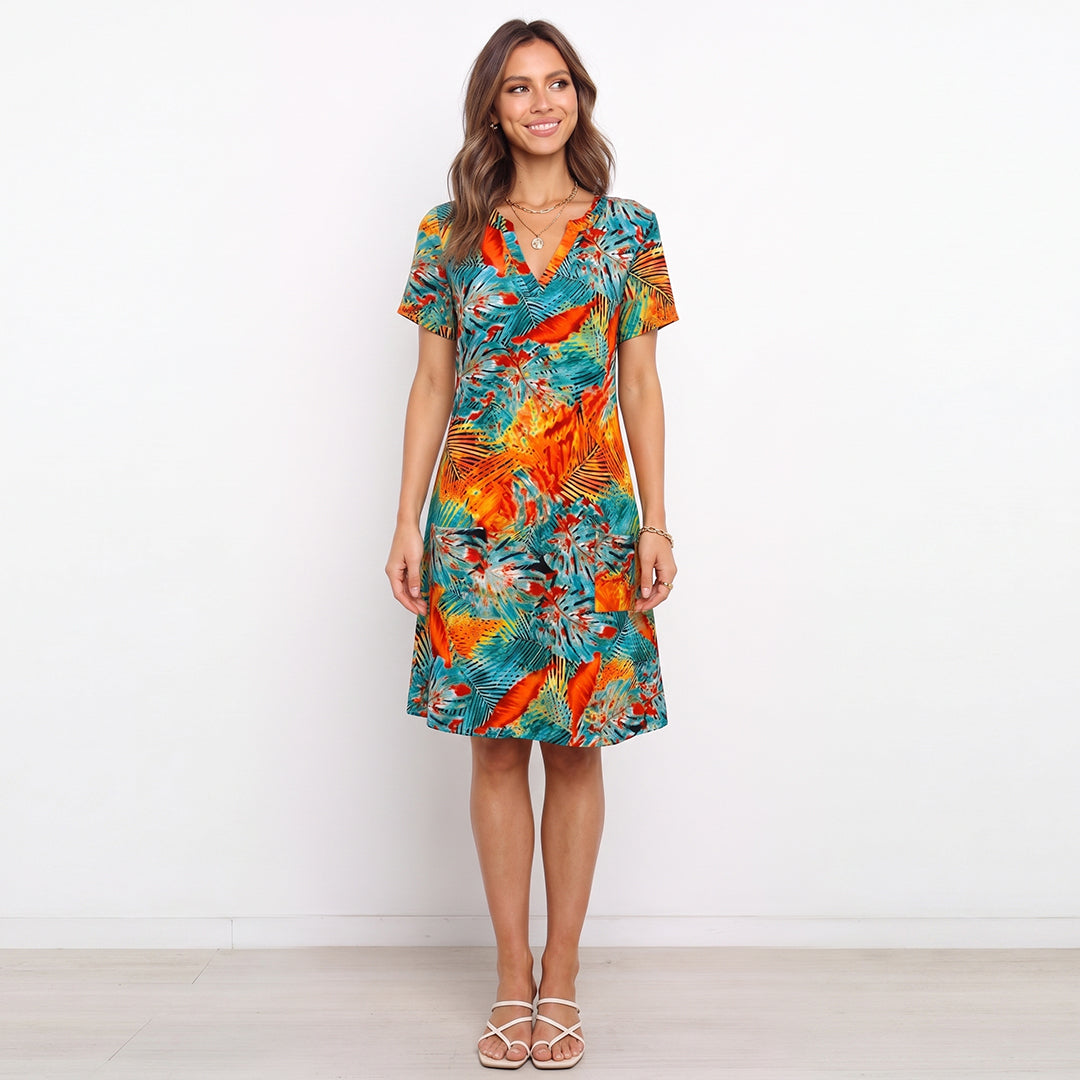 V-Neck Milk Silk Floral Print Dress For Beach Resort