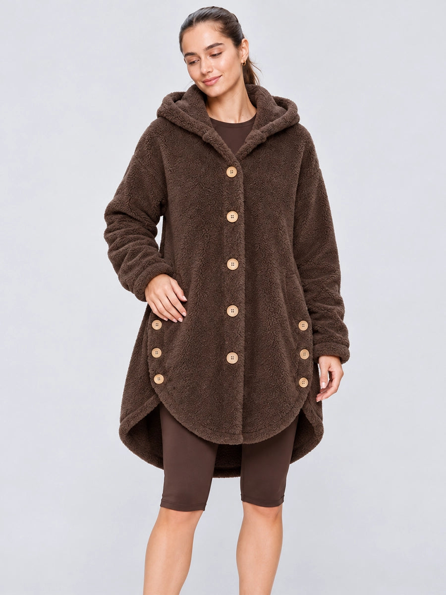 Women’s Asymmetric-Button Plush-Look Hooded Coat