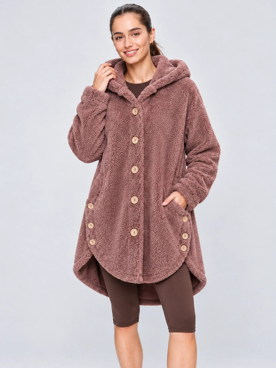 Women’s Asymmetric-Button Plush-Look Hooded Coat